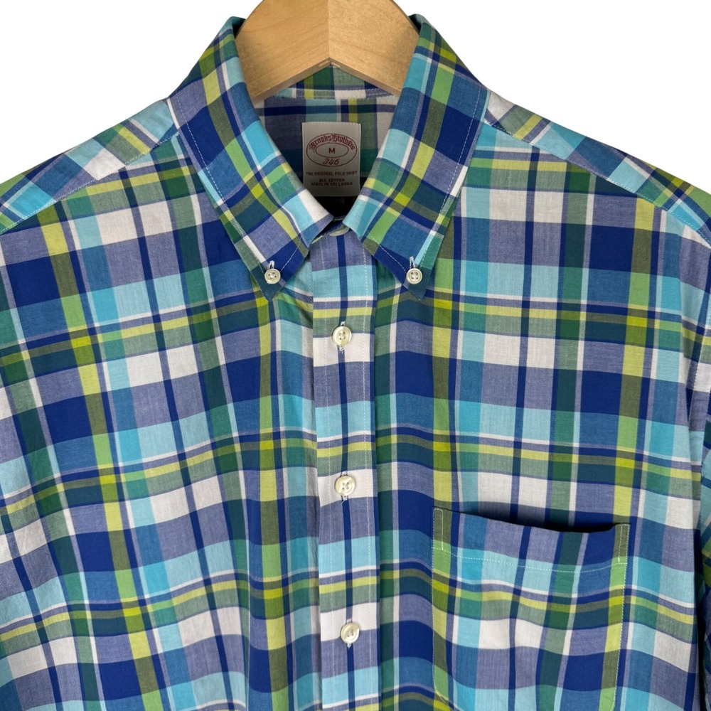 Brooks Brothers Plaid Short Sleeve Shirt Mens Medium Button Down Blue Classic‎